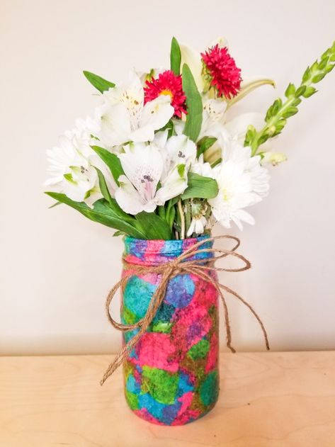 Modge Podge Vases Tissue Paper, Glass Jar Mod Podge, Mother’s Day Vase Craft, Mother’s Day Vase Ideas, Flower Vase Crafts For Kids, Mod Podge Plant Pot, Mod Podge Mason Jars, Modge Podge Vase, Mod Podge Jars