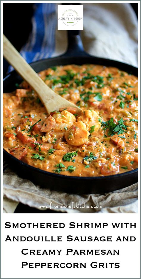 Make Ahead Shrimp And Grits, Smothered Shrimp, Best Shrimp And Grits Recipe, Shrimp And Andouille Sausage, Grits Recipes, Cajun Shrimp And Grits, Shrimp N Grits Recipe, Cajun Dishes, Grits Recipe