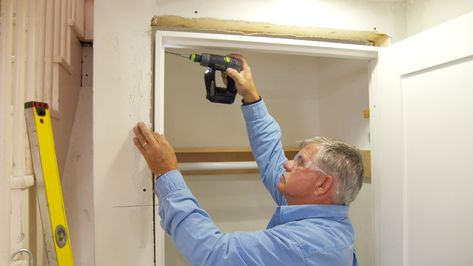 Ask This Old House general contractor Tom Silva shows a homeowner the proper way to install a pre-hung interior door for a closet How To Install A Door Frame, How To Install Prehung Interior Door, How To Install Door Frame, Bannister Update, Redo Doors, Basement Framing, Replacing Interior Doors, Interior Door Installation, Sauna Ideas