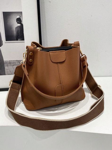 New Fashionable Niche Stylish Casual Versatile Bucket Bag, Retro Classic High-End Quality Wide Strap Women Shoulder Crossbody Handbag, Suitable For Work, Dating, Shopping, Daily Use Brown Casual   PU Leather Textured Pattern Bucket Bag   Women Bags, size features are:Bust: ,Length: ,Sleeve Length: