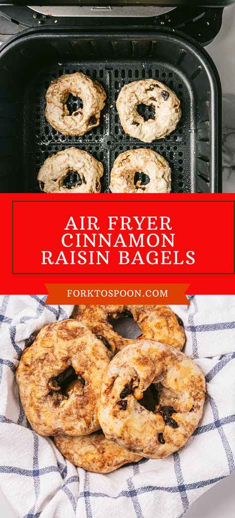 Air Fryer Cinnamon Raisin Bagels are lighter than traditional bagels. Crafted from a straightforward dough of cinnamon and vanilla Greek yogurt, studded with plump raisins, these bagels are air fried in minutes. The result is a soft, homemade bagel with all the delightful nooks and crannies you love. Air Fry Bagels, Air Fryer Bagels, Air Fryer Greek Yogurt Bagels, Homemade Bagels Air Fryer, Cinnamon Raisin Bagel Breakfast Ideas, Air Fryer Bagels Greek Yogurt, Cinnamon Raisin Bagels, 3 Ingredient Bagels Air Fryer, Homemade Cinnamon Raisin Bagels