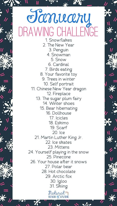 January Drawing Challenge for Kids and Adults, 30 Day Drawing Challenge, You can set the timer and spend 10 minutes a day drawing, or you can let your creativity run wild with these winter drawing prompts. Monthly Drawing Challenge and Drawing Challenge List with Free Printable #30daychallenge #drawingprompts #drawingchallenge Year Drawing Challenge, Drawing Challenge For Kids, January Drawing Challenge, 30 Day Art Challenge, Art Journal Challenge, Winter Drawings, 30 Day Drawing Challenge, Blouse Zara, Journal Challenge