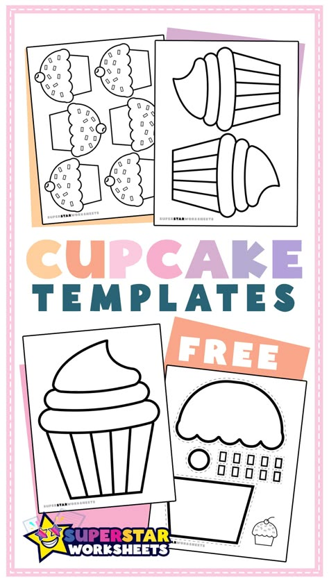 FREE Cupcake Templates for kids! We are now offering some adorable cupcake templates for students to use in the classroom or at home. This fun printable craft offers a variety of different cupcake crafts to cut, color, and assemble. #superstarworksheets #cupcake #craft Cupcake Topper Template Free Printables, Paper Cake Template Free Printable, Free Muffin Printable, C Is For Cupcake Preschool Craft, Birthday Cupcake Printable, Muffin Preschool Activities, Cupcake Art For Kids, Food Arts And Crafts For Kids, Peanut Butter And Cupcake Activities