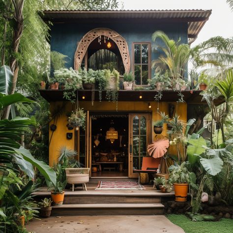 Neo Eclectic House Exterior, Bohemian Style House Exterior, Boho House Outside, Boho Chic House Exterior, Boho Cottage Exterior, Maximalism House Exterior, Boho House Exterior Bohemian, Bohemian Architecture Exterior, Boho Tiny House Exterior