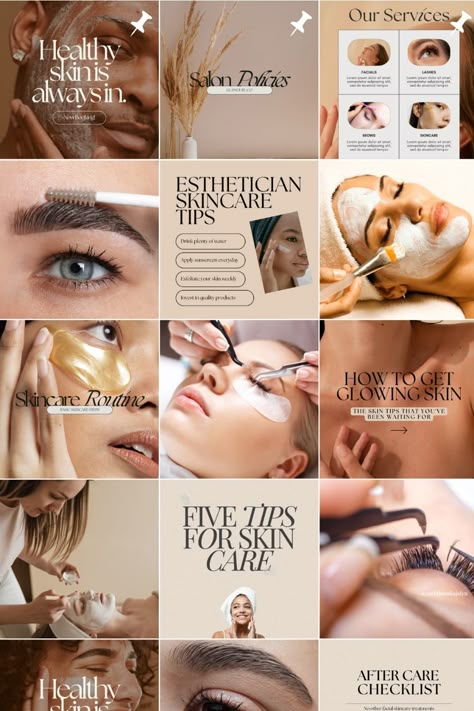 aesthetic Instagram feed ideas for beauty & skincare influencers, esthetician, salon, beauty salon Beauty Bar Instagram Feed, Esthetician Page Ideas, Instagram Feed For Beauty Salon, Spa Instagram Feed Ideas, Aesthetic Instagram Feed Ideas Business Beauty, Aesthetics Instagram Feed, Beauty Spa Instagram Feed, Esthetician Feed Instagram, Esthetics Advertising