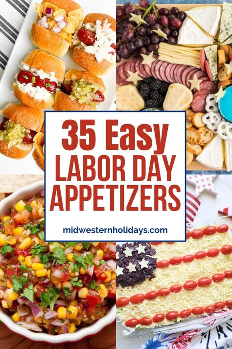 Kick off the holiday with these tasty, easy Labor Day appetizer recipes. Here you'll find the most delicious dip and hummus recipes, wings, bruschetta, jalapeno poppers, deviled eggs, pinwheels, and more favorite Labor Day food ideas. Labor Day Easy Food Ideas, Labor Day Snacks Appetizers, Labor Day Dip Recipes, Labor Day Snack Ideas, Labor Day Charcuterie Board, Labor Day Menu Ideas Easy, Labor Day Food Ideas For A Crowd, Labor Day Potluck Ideas, Labor Day Bbq Food