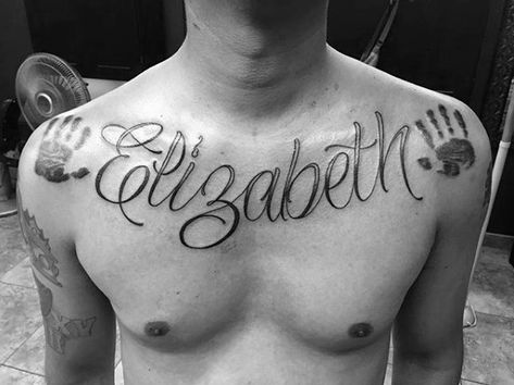 Male With Elizabeth Handprint Child Tattoo On Chest Children Name Tattoo Ideas For Men, Handprint Tattoo, Elizabeth Name, Father Tattoos, Tattoos With Kids Names, Neck Tattoo For Guys, Chest Tattoo Men, Tattoo Designs For Men, Personal Identity