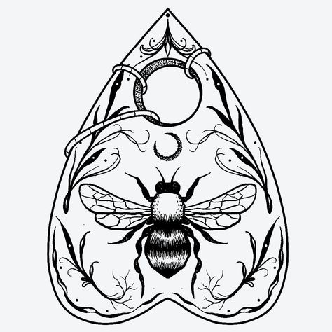 Throat Tattoo Drawings, Small Ouija Tattoo, Witchy Planchette Tattoo, Creepy Bee Tattoo, Planchette Flash Tattoo, Nature Witch Tattoo Ideas, Honeycomb Art Design, Let It Be Tattoo With Bee, Witchy Drawings Easy