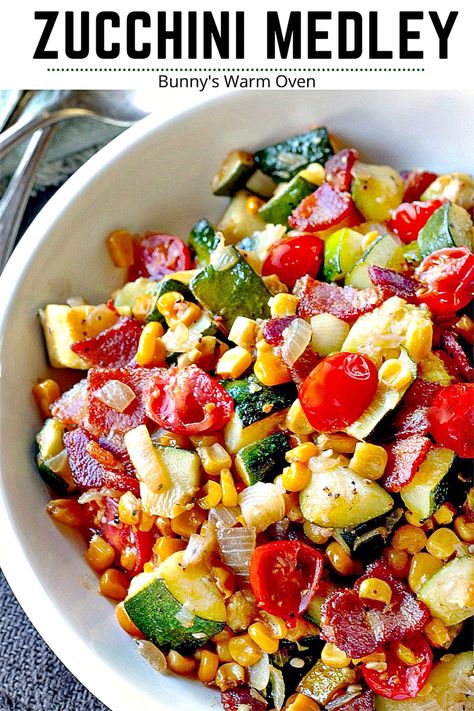 Zucchini Medley in a white bowl. Cabbage Side Dish, Fresh Vegetable Recipes, Onion Recipes, Garden Recipes, Zucchini Recipes, Fresh Veggies, Side Salad, Vegetable Sides, Yummy Sides