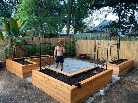 Raised Veg Bed Ideas, Raised Bed Front Garden, Raised Garden Bed Around Patio, Raised Garden Beds Around Patio, Courtyard Veggie Garden, Backyard Landscaping With Garden Beds, Raised Bed Garden With Fire Pit, U Shaped Garden Bed Layout, Backyard Raised Garden Beds Design