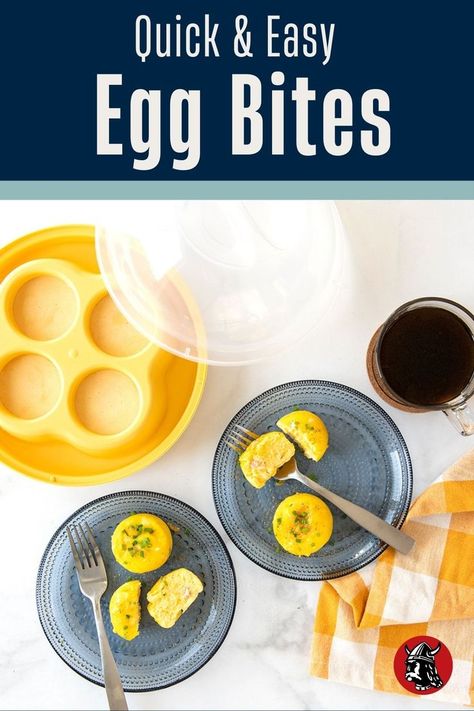 Cooked egg bites on plate, Egg Bites Pan and cup of coffee next to plates Egg Bites In Microwave, Egg Bites Silicone Mold Microwave, Microwave Egg Bites, Healthy Egg Bites, Easy Egg Bites, Mini Egg Muffins, Simple Scrambled Eggs, Easy Scrambled Eggs, Microwave Breakfast