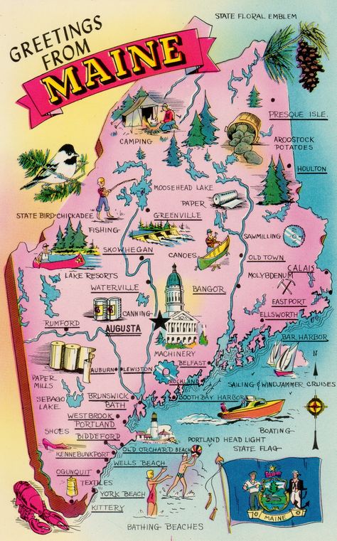 Fun map of the state of Maine! We are located in Madison, near Waterville Map Of Maine, Maine Road Trip, Maine Map, Portland Head Light, Visit Maine, Old Orchard Beach, New England Road Trip, East Coast Road Trip, New England States