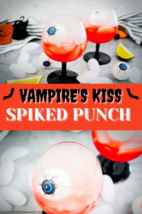 Vampire's Kiss Spiked Punch | Ready for a fun Halloween Cocktail?! Try this Spiked punch that is garnished with dry ice! #dryice #cocktails #halloween #punch Halloween Spiked Punch, Spiked Punch Recipes, Halloween Party Easy, Spiked Punch, Halloween Punch, Vampire Kiss, Halloween Cocktail, Halloween Cocktails, Dry Ice