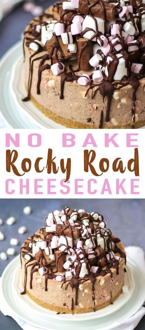 An easy No Bake Rocky Road Cheesecake Recipe - A chocolate cheesecake packed with marshmallows and topped with melted chocolate. No bake buttery biscuit base with cream cheese and whipped cream topping. A delicious dessert cake for any special occasion. A Rocky Road Cheesecake, Chocolate No Bake, Whipped Cream Topping, Coconut Dessert, Torte Cupcake, Brownie Desserts, Buttery Biscuits, Salty Cake, Easy No Bake