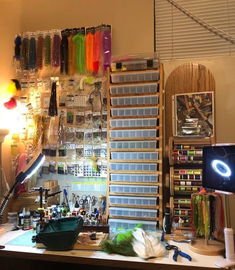 Fly Tying Bench Ideas, Fly Tying Organization Ideas, Fly Tying Room, Fishing Tackle Room, Tackle Organization, Fishing Tackle Organization, Fly Tying Bench, Fishing Gear Storage, Fly Tying Desk