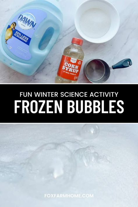 These frozen ice bubbles are perfect to fill long winter days. It is fun for kids of all ages & uses items that are likely in your pantry already. If you are itching for a fun activity to do with your kids on these cold days let me walk you through how to make frozen bubbles. Ice Lesson Plans For Toddlers, Fun Things To Do In Snow For Kids, Cold Day Crafts For Kids, Ice Projects For Kids, Snow Day Activities For Preschoolers, Outside Snow Activities For Kids, Snow And Ice Preschool Activities, Ice Experiments For Preschool, Snow And Ice Activities For Toddlers