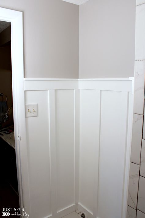 Spruce up your small space with beautiful board and batten! This simple, detailed tutorial shows you how! Board And Batten In Bathroom, Bathroom Diy Ideas, Walk In Shower Designs, Board Batten, Bathroom Hacks, Behr Paint, Builder Grade, Silver City, Bathroom Diy