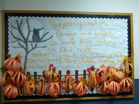 3D Fall Bulletin Board Ideas | October Bulletin Board with 3D construction paper pumpkins, pumpkin ... Pumpkin Bulletin Board Ideas, Pumpkin Bulletin Board, October Bulletin Board, Pumpkin Poem, October Bulletin Boards, 3d Construction, Owl Silhouette, Fall Bulletin Boards, Paper Pumpkins