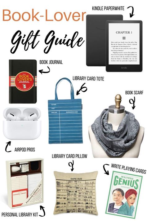 Looking for book lover gift ideas? Then look at our book-lover gift guide. Packed with great items like the kindle paperwhite, book journal, library card tote bag, personal library kit, and writer playing cards. Personal Library Kit, Journal Library, Book Lover Gift Ideas, Bookish Christmas, Book Scarf, Literature Gifts, Lover Gift Ideas, Library Display, Personal Library