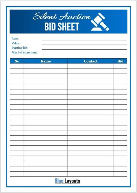 Silent Auction Bid Sheet Templates - Blue Layouts Silent Auction Bid Sheets, Silent Auction Basket, Sales Template, Cornell Notes Template, Award Template, Receipt Template, Schedule Templates, Sheet Template, Family Budget