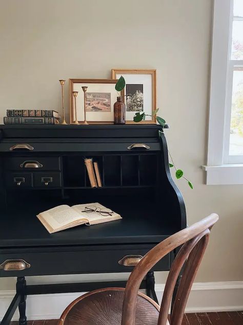 Rolltop Desk Styling, Roll Top Desk Styling, Black Roll Top Desk, Vintage Black Desk, Roll Top Desk Office, Styling Secretary Desk, Roll Top Desk Aesthetic, Roll Desk Makeover, How To Style A Secretary Desk