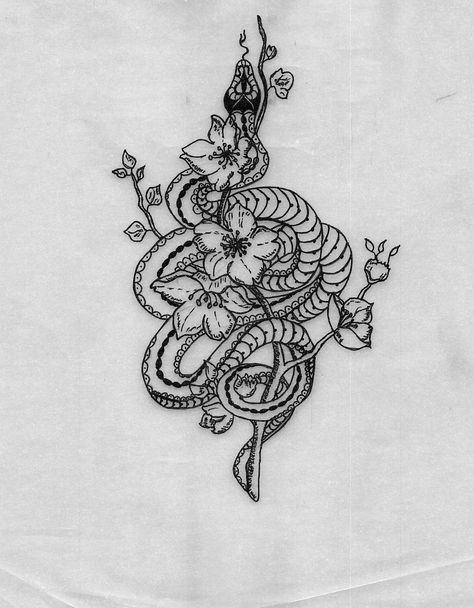 Tattoo Snake And Flowers, Snake Neck Tattoo, Back Tat Ideas, Snake Flower Tattoo, Flower Spine Tattoo, Snake And Flowers Tattoo, Tattoo Collage, Flower Neck Tattoo, Snake And Flowers