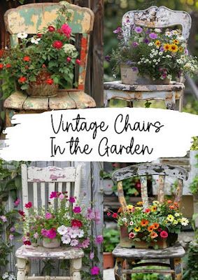 Dishfunctional Designs: Use Vintage Chairs In Your Garden To Display Favorite Flowers Chair Garden Ideas, Chair Planter, Spring Planting, Bohemian Garden, Upcycle Garden, Mini Bonsai, Old Chairs, Old Chair, Love Garden