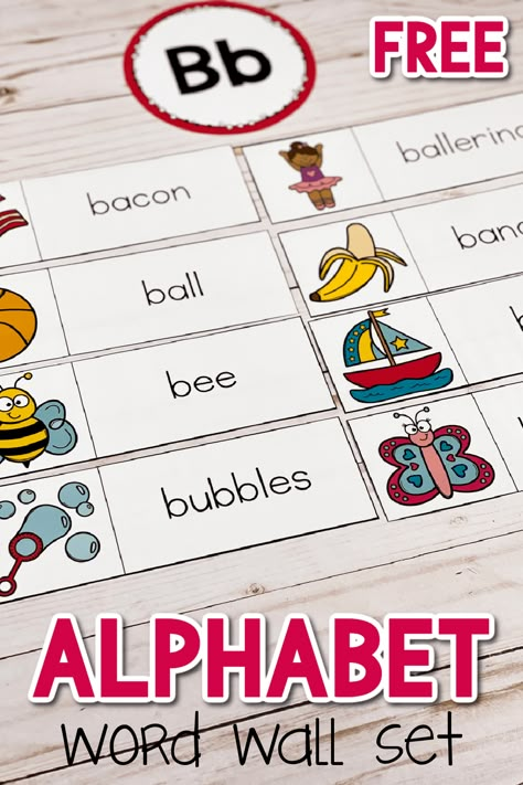 Word Wall Preschool Free Printables, Alphabet Words Pictures, Pre K Vocabulary Words, Write The Room Preschool Free Printable, Word Wall Printables Free, Words That Start With A Preschool, Prek Word Wall Ideas, Free Word Wall Printables, Word Cards With Pictures Free Printable