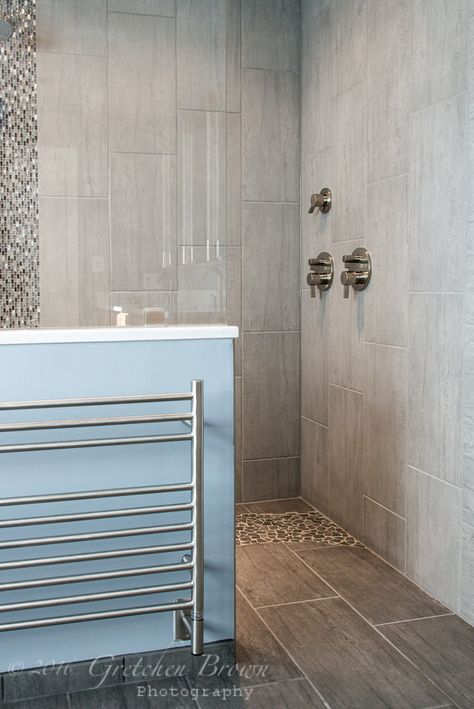 Master Bath: Zero threshold shower entrance and heated towel bar. Zero Threshold Showers, Zero Threshold Shower Ideas, Large Shower Tile, Heated Towel Bar, Cabin Bathroom, Hand Spray, Pony Wall, Coastal Bathroom, Cabin Bathrooms