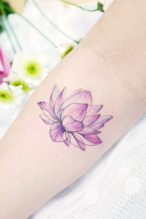 Cute Purple Lotus Flower Tattoo #watercolortattoo #purpletattoo Tattoo Lutos Flower, Lotus 3d Tattoo, Ethereal Lotus Tattoo, Lotus Flower Neotraditional Tattoo, Watercolour Lotus Tattoo, Lotus Flower Tattoo Purple, Lutos Tattoo Design Lotus Flowers, Lotus Flower Tattoo Placement, Lutos Tattoo Design