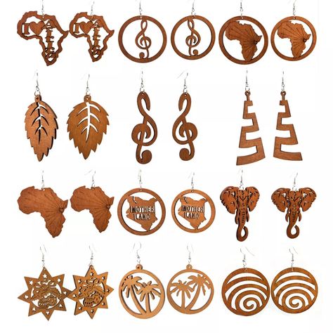 Laser Earrings Design, Wooden Earrings Laser Cut, Africa Pendant Necklace, Africa Pendant, Engraving Projects, African Wooden Earrings, Afrocentric Earrings Myafricangold, African Earrings Handmade Afrikrea.com, African Colors