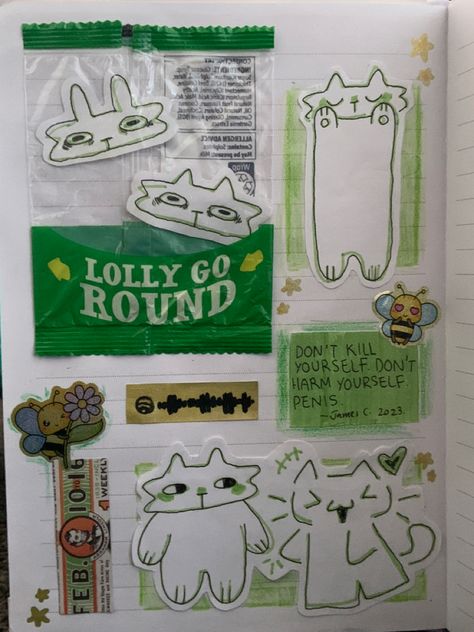 Doodles For Notebook Cover, Cover Art Sketchbook, Random Doodle Page, Cat Journal Page, Decorated Sketchbook Pages, Cat Sketchbook Page, Sketchbook Creative Ideas, Green Sketchbook Page, Sketch Book Layouts