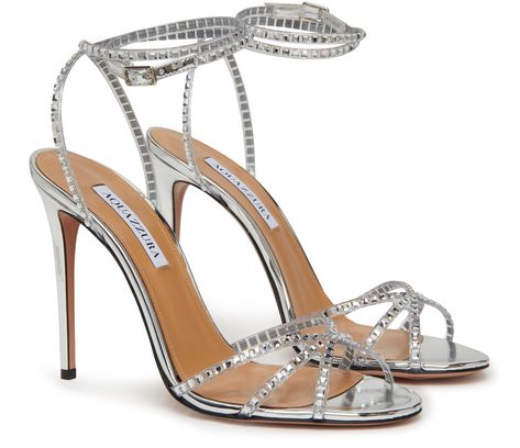 Women's Dance Plexi Sandal 105 | AQUAZZURA | 24S Grad Looks, Lavender Prom, Silver Rhinestone Heels, Strapped Heels, Black Lace Heels, Pink Suede Heels, Dream Marriage, Dress Reference, Aquazzura Heels