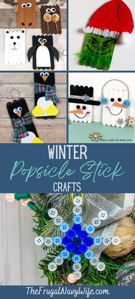 Looking for fun and festive crafts for the kiddos this winter? These cute and easy winter popsicle stick crafts are perfect for little hands. #wintercrafts #popsiclesticks #crafting #holiday #frugalnavywife #kids #christmascrafts | Winter Popsicle Stick Crafts | Kids | Holiday Crafting | Winter Crafts | DIY | Christmas Craft Popsicle Sticks Kids, Diy Christmas Ornaments Using Popsicle Sticks, Snowman Crafts Popsicle Sticks, Popsicle Stick Penguin Ornament, Holiday Popsicle Stick Crafts, Popsicle Stick Crafts For Kids Christmas, Popsicle Stick Winter Crafts, Winter Popsicle Stick Crafts, Christmas Craft Popsicle Sticks