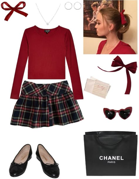 Red Ribbon Outfit Aesthetic, Jenna Marshall Outfits, Plaid Red Skirt Outfit, Coquette Christmas Outfit, Red Outfit Winter, Aesthetic Christmas Outfits, Red Christmas Outfit, Christmas Ootd, Lily Rose Depp