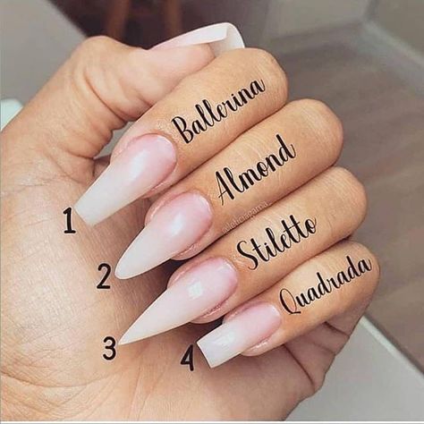 1 2 3 or 4?  Ballerina Almond Stiletto or Quadrada?  Which nail shape you like more ? cr: @leticiagama_ Acrylic Nail Shapes, Nagel Tips, Ballerina Nails, Nail Forms, Pretty Acrylic Nails, Nail Shapes, Nails Acrylic, Cute Acrylic Nails, Perfect Nails