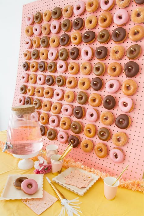 DIY Donut Pegboard | Oh Happy Day! Cheap Sweets, Cupcake Towers, Diy Donut, Diy Donuts, Rustic Wedding Decorations, Donut Birthday Parties, National Donut Day, Donut Wall, Food Party