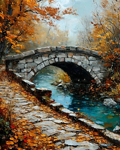 Autumn Bridge The painting is done in an impressionist style. Bright autumn shades enliven the scene, conveying an atmosphere of calm and nostalgia. #autumnvibes #impressionism #artlovers #fallcolors #landscapeart #autumnbridge #bridge #autumn Autumn Bridge, Bright Autumn, Paint Inspo, Bridge Painting, The Scene, Fall Vibes, Impressionism, Landscape Art, Fall Colors