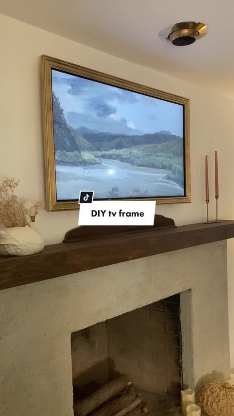 Tv As Picture Frame, Gold Frame Tv Wall, Tv With Gold Frame, Gold Frame Around Tv, Gold Framed Tv, Tv With Frame Around It, Wall Mounted Fireplace And Tv, Tv Gold Frame, Framed Tv On Wall