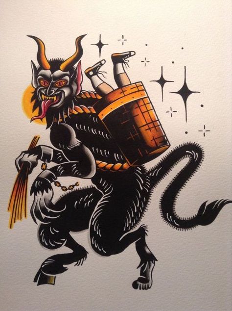 Krampus tattoo design Krampus Tattoo, German Tattoo, Traditional Tattoo Old School, Christmas Tattoo, Tattoo Traditional, Old School Tattoo Designs, American Tattoos, Traditional Tattoo Design, Traditional Tattoo Art