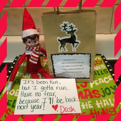 Elf on the shelf ideas. On the last day before the elf heads back to the North Pole, he wrote a note and brought reindeer food (oats mixed with sprinkles). Elf On The Shelf See You Next Year Ideas, Elf See You Next Year Ideas, Elf See You Next Year, Elf On The Shelf See You Next Year, Elf Says Goodbye Ideas, See You Next Year Elf On The Shelf, Elf Saying Goodbye Ideas, Elf On The Shelves, Diy Elf