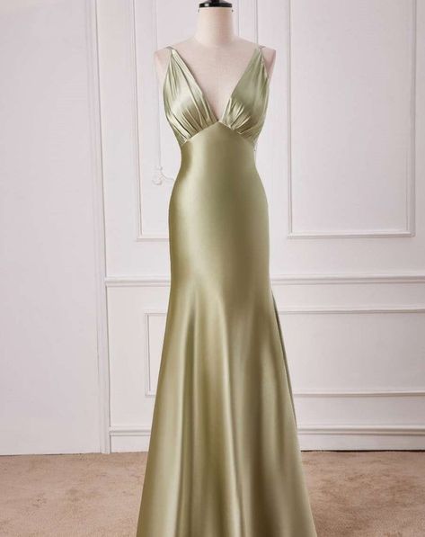 Satin Long Prom Dress, Dusty Sage, Elegant Maxi Dress, Satin Bridesmaid Dresses, Pleated Bodice, Full Length Dress, Satin Maxi, Satin Maxi Dress, Mermaid Fashion