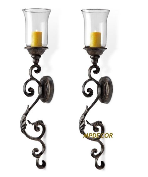 Tuscan Scroll & Leaf  Wall Sconce Candleholder Hurricane Candle Holder ~Set Of 2 #NA #Traditional Iron Windows, Rustic Wall Sconces, Tuscan Decorating, Bronze Patina, Leaf Wall, Candle Wall Sconces, Tuscan Style, Wall Candles, Candle Holder Set