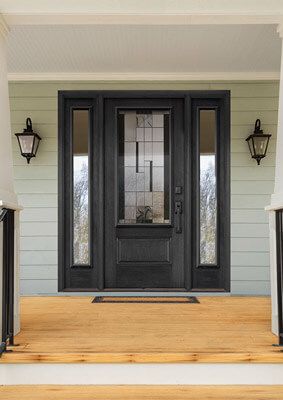 Black entry door with modern glass insert and full double sidelites Black Front Door With Sidelights, Black Entry Doors, Contemporary Entry Doors, Front Door Ideas, New Front Door, Exterior Entry Doors, Entry Doors With Glass, Exterior Doors With Glass, Black Front Doors