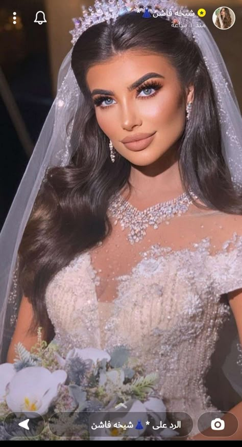 Bridal Hairstyles For Long Hair With Crown, Wedding Dress With Headpiece, Wedding Hairstyles For Long Hair With Veil And Crown, Crown Bride Hairstyle, Glam Bride Hairstyles, Haïr Style Wedding Guest, Bridal Hair Crown Head Pieces, Crown And Veil Wedding Hair, Princess Hairstyles Wedding