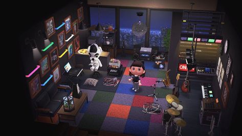 A cool music studio for K.K. Slider Animal Crossing Music Studio, Animal Crossing Record Shop, Acnh Recording Studio, Acnh Music Studio, Animal Crossing Game Room, Cool Music Studio, Anch Ideas, Animal Crossing Music, K K Slider