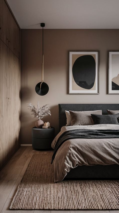 22 Cozy and Modern Brown Bedroom Ideas: Aesthetic Designs with Dark, Beige, and Green Accents Masculine Couples Bedroom, Beige Wall In Bedroom, Room Ideas With Dark Furniture, Dark Bedroom With Accent Wall, Cozy Bedroom Ideas Dark Colors, Black Brown Furniture Bedroom, Neutral Bedroom Ideas With Black Accents, Mens Home Ideas, Gray And Black Color Schemes