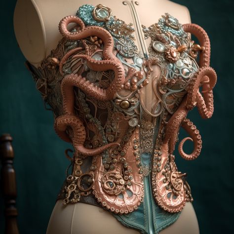 Octopus Fashion, Wallpaper Dress, Room Box Miniatures, Burlesque Costumes, Art Outfits, Corset Fashion, Sea Design, Fantasy Dresses, Steampunk Clothing