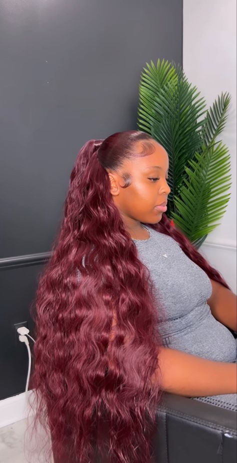 Burgundy Half Up Half Down Weave, Burgundy Hairstyles, Bundles Hairstyles, Burgundy Red Hair, Curly Hair Sew In, Red Weave Hairstyles, Burgandy Hair, Baby Brent, Red Hairstyles