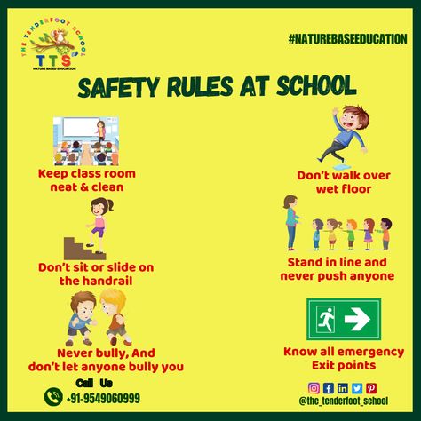 Safety Rules At School The Tenderfoot School More information contact us :- @+91-9549060999 jaipur.ttj2022@gmail.com Follow us @the_tenderfoot_school #tts #thetenderfootschool #kidsschool #preschool#saftyrules#classroomcleanup#safty#naturebasedschool#kindergartenteacher #nature #playground #dholai #mansarovar #jaipur Safety Rules At School Poster, Safety At School Posters, School Safety Posters For Kids, School Rules Worksheet, School Safety Rules, Playground Safety Rules, Safety Rules At Home, Safety Rules At School, Doctors Day Wishes